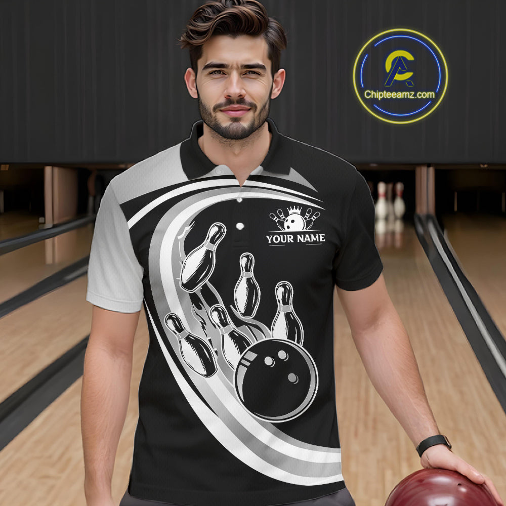 Black and Silver Bowling Shirts For Men Custom Bowling Team League Jerseys, Gift For Bowler NQS11416