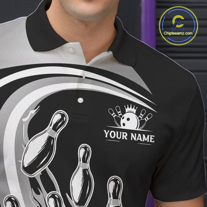 Black and Silver Bowling Shirts For Men Custom Bowling Team League Jerseys, Gift For Bowler NQS11416