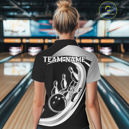 Black and Silver Bowling Shirts For Women Custom Bowling Team League Jerseys, Gift For Bowler NQS11416