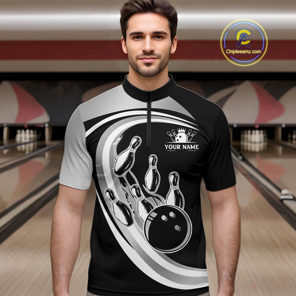 Black and Silver Bowling Shirts For Men Custom Bowling Team League Jerseys, Gift For Bowler NQS11416