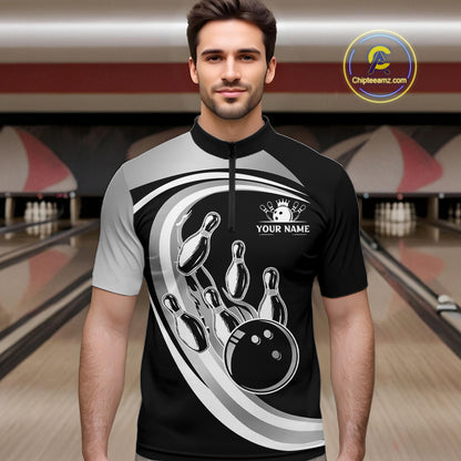 Black and Silver Bowling Shirts For Men Custom Bowling Team League Jerseys, Gift For Bowler NQS11416