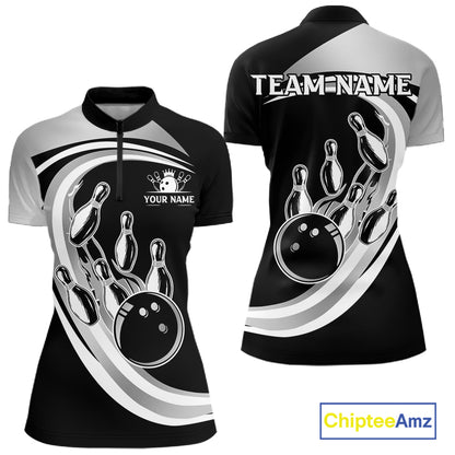Black and Silver Bowling Shirts For Women Custom Bowling Team League Jerseys, Gift For Bowler NQS11416