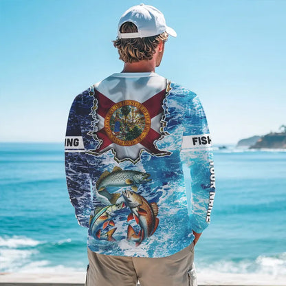 Florida Flag Redfish, trout, snook blue wave camo custom name performance long sleeve fishing shirts NQS9488