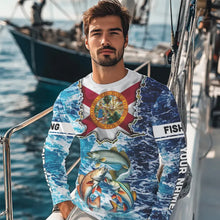 Load image into Gallery viewer, Florida Flag Redfish, trout, snook blue wave camo custom name performance long sleeve fishing shirts NQS9488