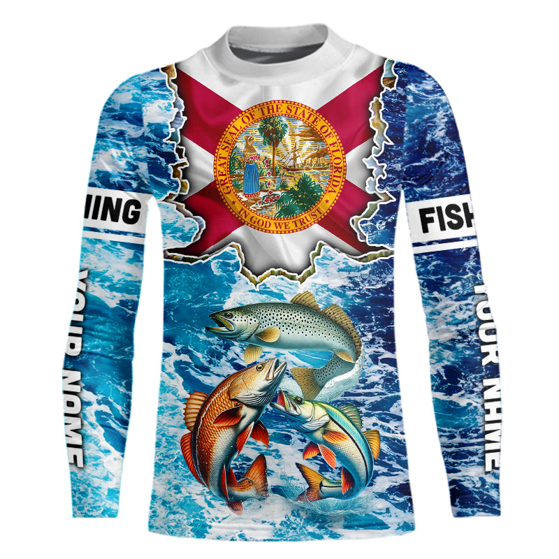 Florida Flag Redfish, trout, snook blue wave camo custom name performance long sleeve fishing shirts NQS9488