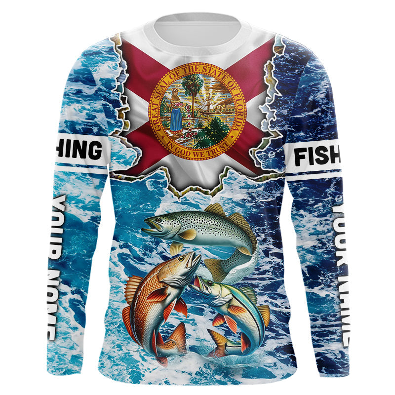 Florida Flag Redfish, trout, snook blue wave camo custom name performance long sleeve fishing shirts NQS9488