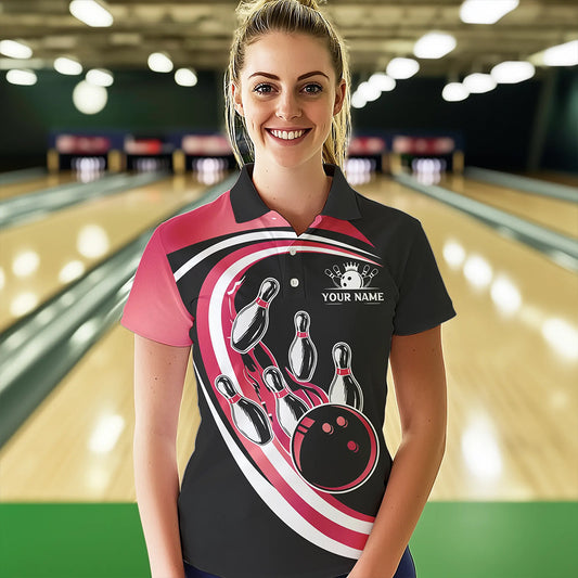Black & Pink Bowling Polo, 1/4 Zip Shirt For Women Custom Bowling Team League Jersey, Gift For Bowler NQS9491