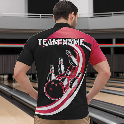 Black and Pink Bowling Polo, 1/4 Zip Shirt For Men Custom Bowling Team League Jersey, Gift For Bowler NQS9491