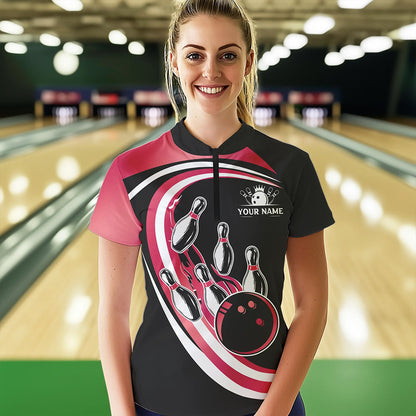 Black & Pink Bowling Polo, 1/4 Zip Shirt For Women Custom Bowling Team League Jersey, Gift For Bowler NQS9491