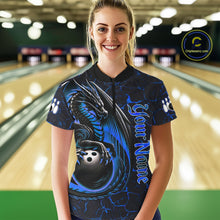 Load image into Gallery viewer, Black And Blue Custom Dragon Bowling Shirts For Women, Dragon Bowling Team Shirts NQS11620