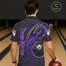 Load image into Gallery viewer, Black And Purple Custom Dragon Bowling Button-up Shirts, Dragon Hawaiian Bowling Team Shirts NQS11621