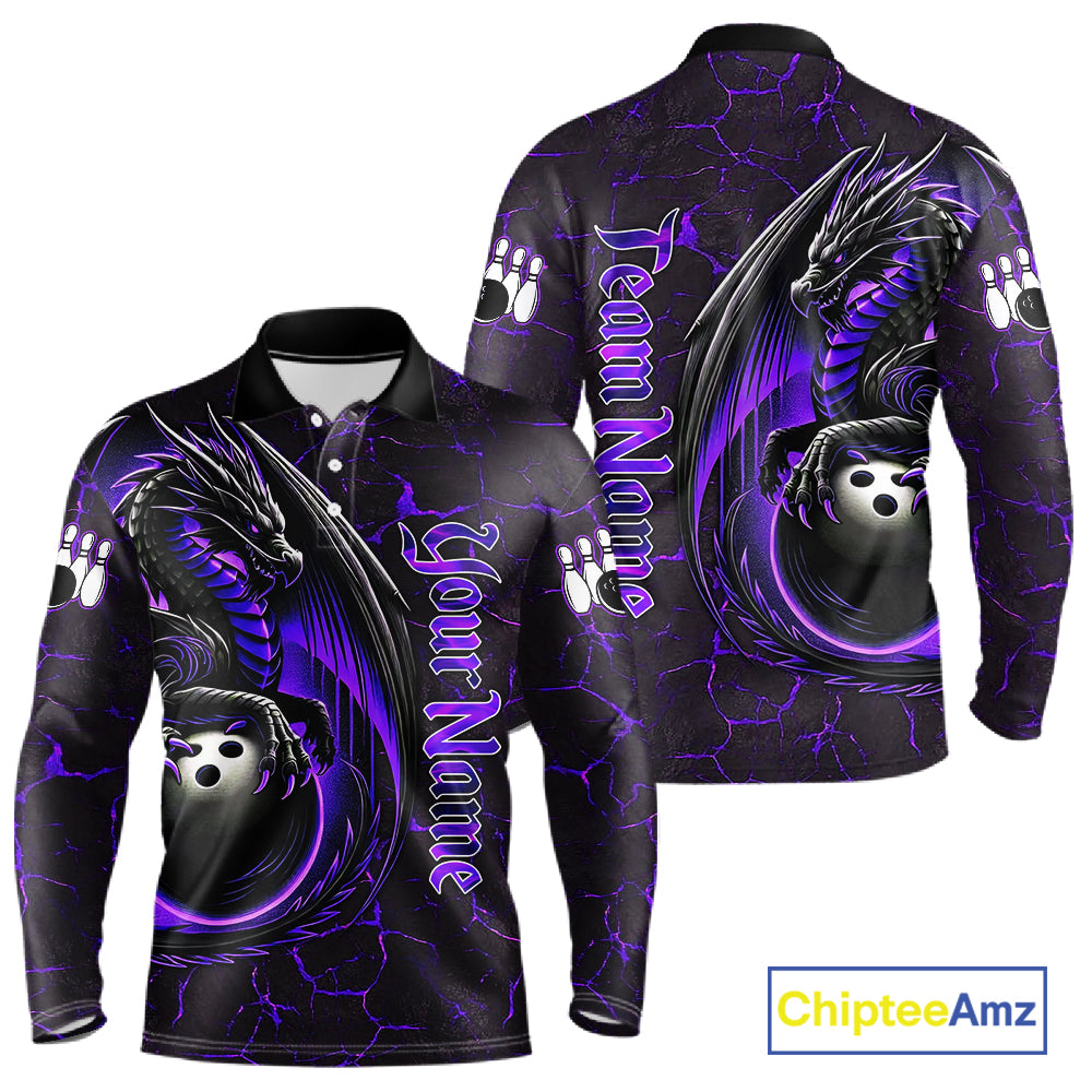 Black And Purple Custom Dragon Bowling Shirts For Men, Dragon Bowling Team Shirts NQS11621
