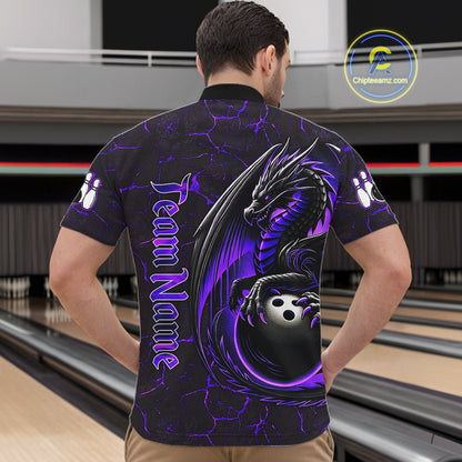 Black And Purple Custom Dragon Bowling Shirts For Men, Dragon Bowling Team Shirts NQS11621