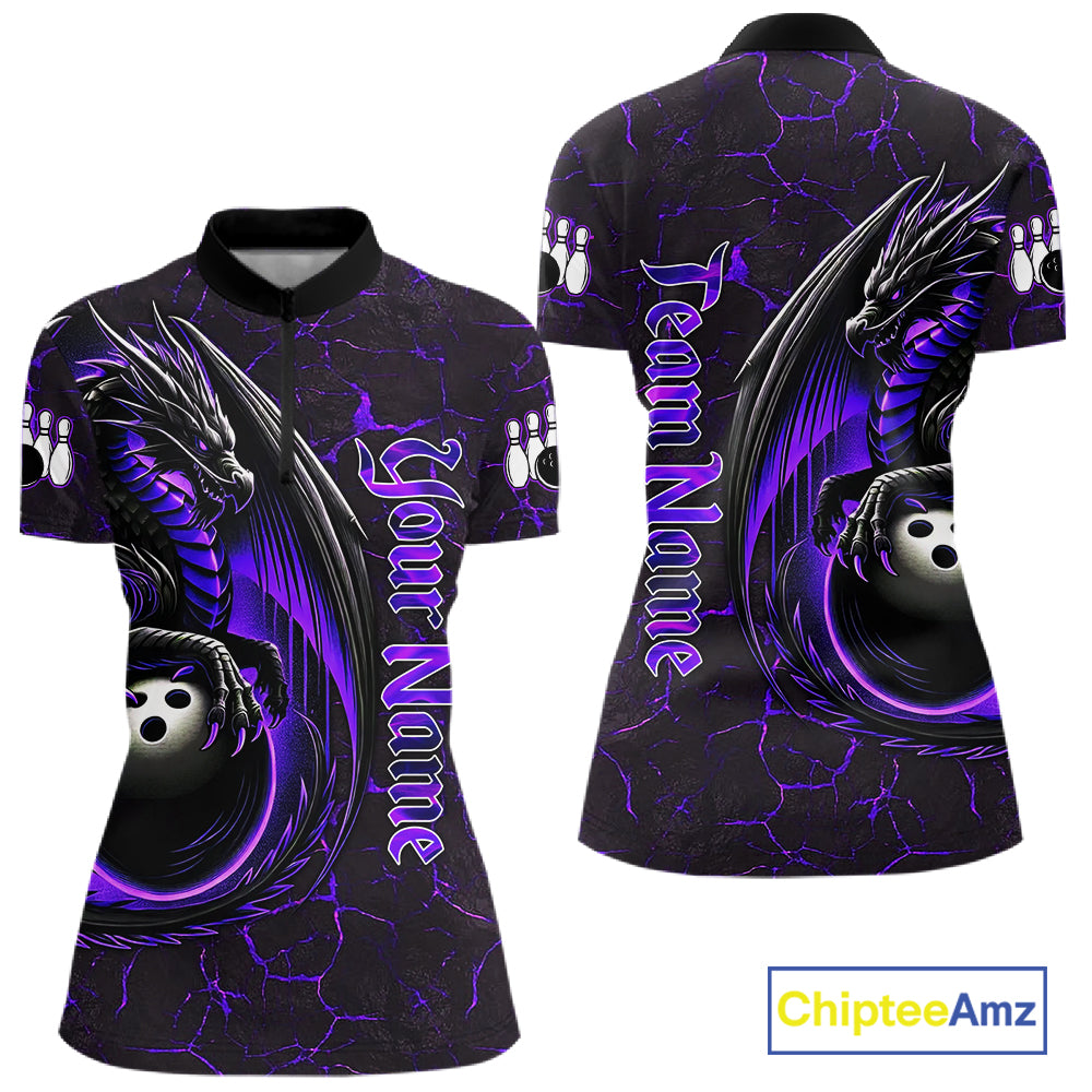Black And Purple Custom Dragon Bowling Shirts For Women, Dragon Bowling Team Shirts NQS11621