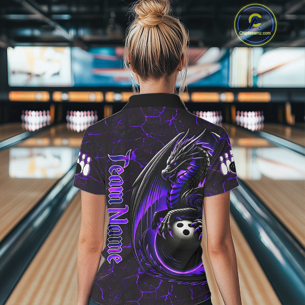 Black And Purple Custom Dragon Bowling Shirts For Women, Dragon Bowling Team Shirts NQS11621