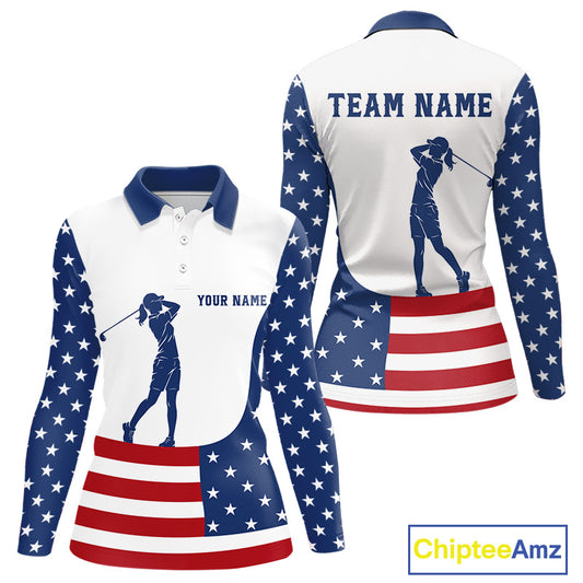 Red, White and Blue American Flag Golf polo shirt for Women custom patriotic ladies golf outfit NQS11728