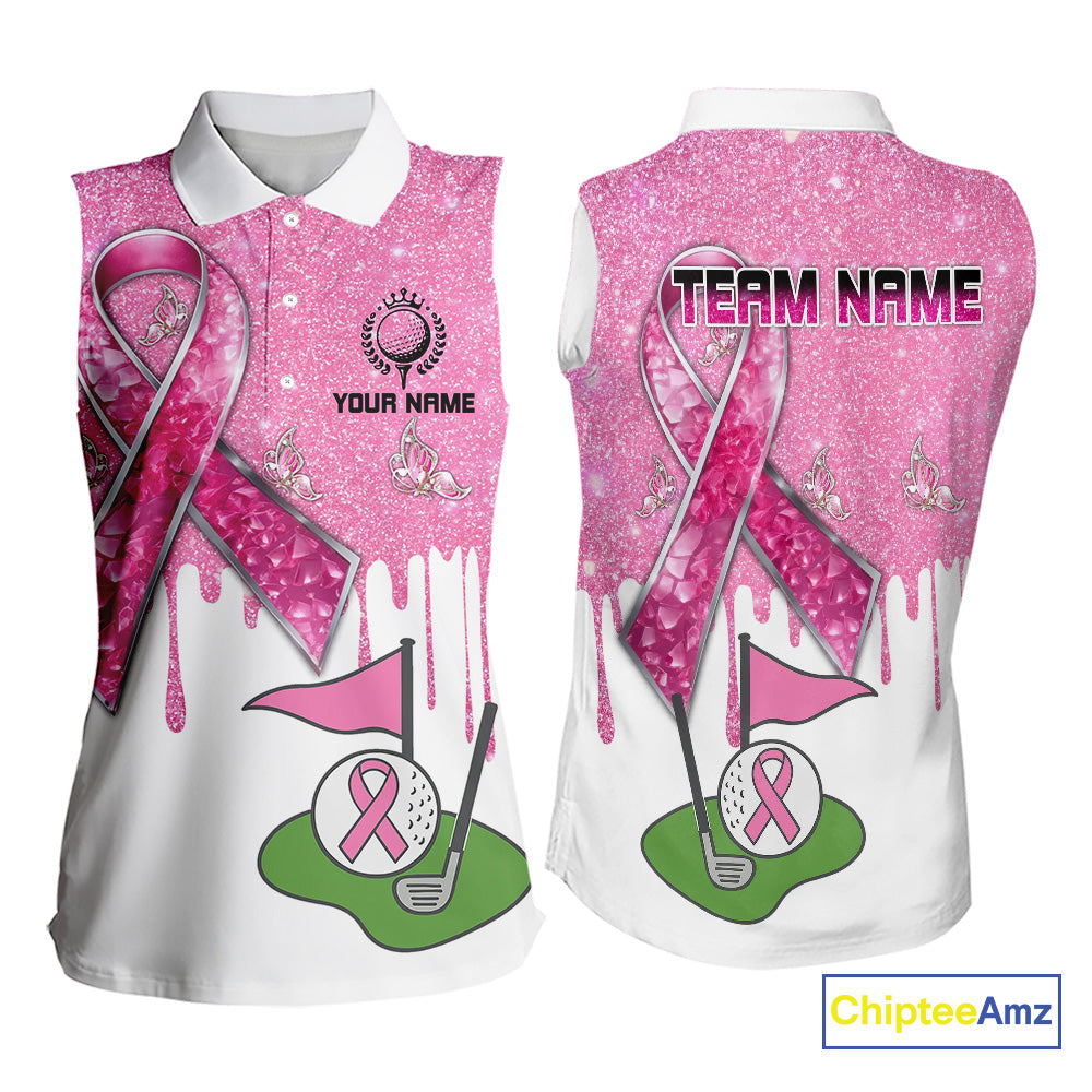 Pink ribbon glitter Women Golf sleeveless Polo Shirt Custom team golf jersey, breast cancer golf shirt NQS9882