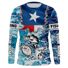 Load image into Gallery viewer, Texas Flag Redfish, trout, flounder blue wave camo custom name performance long sleeve fishing shirts NQS5440