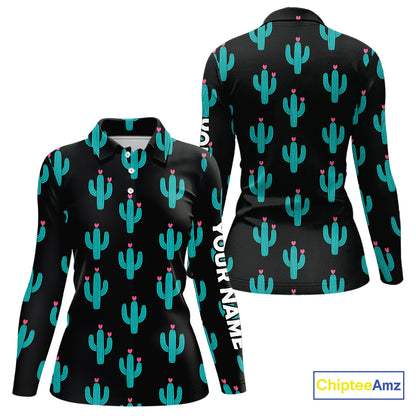 Personalized black & green cactus flower pattern Women golf polo shirts custom cactus golf shirts NQS9942