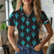 Load image into Gallery viewer, Personalized black &amp; green cactus flower pattern Women golf polo shirts custom cactus golf shirts NQS9942