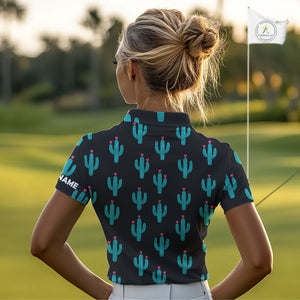 Personalized black & green cactus flower pattern Women golf polo shirts custom cactus golf shirts NQS9942