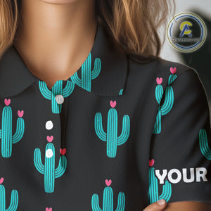 Personalized black & green cactus flower pattern Women golf polo shirts custom cactus golf shirts NQS9942