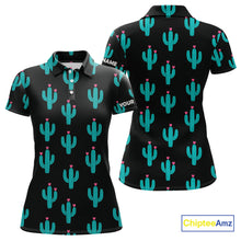 Load image into Gallery viewer, Personalized black &amp; green cactus flower pattern Women golf polo shirts custom cactus golf shirts NQS9942
