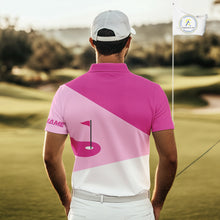 Load image into Gallery viewer, Mens golf polo shirts custom pink and white golf apparel for men, golfing gifts NQS10410