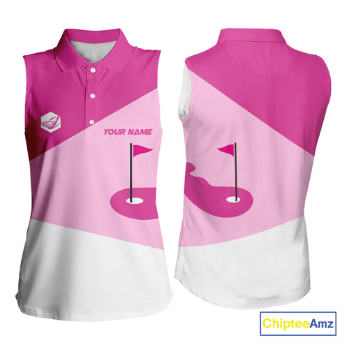 Women Sleeveless golf polo shirts custom pink and white golf apparel for ladies, golfing gifts NQS10410