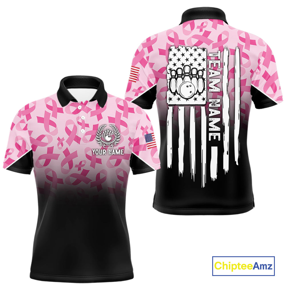 Pink ribbon pattern Men bowling shirt Custom American flag patriotic breast cancer bowling team shirt NQS10411