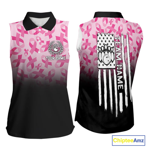 Pink ribbon pattern bowling Sleeveless polo shirt Custom American flag breast cancer bowling jersey NQS10411