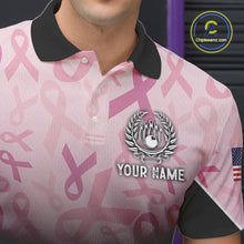 Load image into Gallery viewer, Mens bowling shirt Custom American flag patriotic Pink ribbon breast cancer bowling team jersey NQS10412