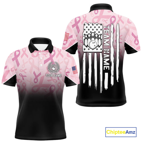 Mens bowling shirt Custom American flag patriotic Pink ribbon breast cancer bowling team jersey NQS10412