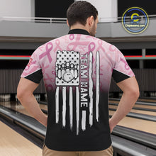 Load image into Gallery viewer, Mens bowling shirt Custom American flag patriotic Pink ribbon breast cancer bowling team jersey NQS10412