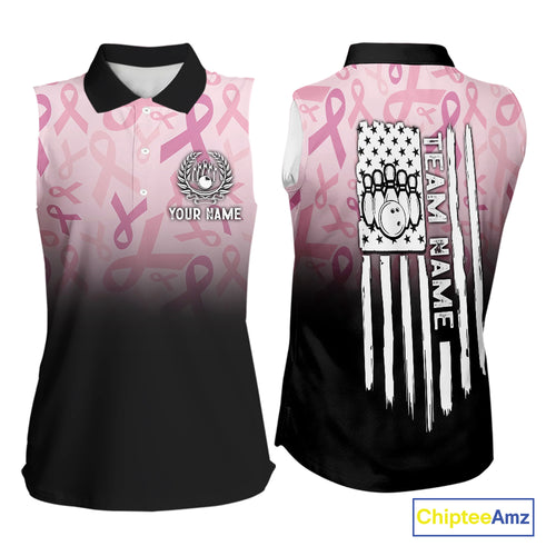 Sleeveless polo shirt Custom American flag patriotic Pink ribbon breast cancer bowling team jersey NQS10412