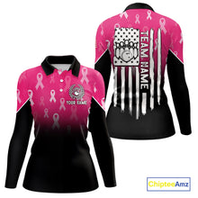 Load image into Gallery viewer, Custom American flag patriotic Pink ribbon breast cancer bowling shirt for Women bowling team jersey NQS10413