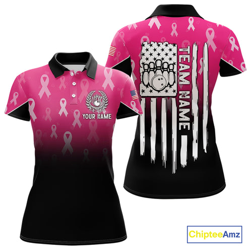 Custom American flag patriotic Pink ribbon breast cancer bowling shirt for Women bowling team jersey NQS10413