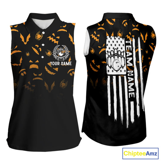 Custom American flag patriotic funny halloween pattern Bowling  Sleeveless polos bowling team jersey NQS10414