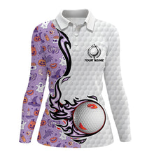 Load image into Gallery viewer, Funny purple Halloween pattern flame golf ball Womens golf polo shirts custom Halloween golf shirts NQS8444