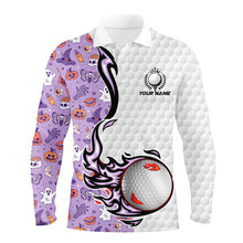 Load image into Gallery viewer, Funny purple Halloween pattern flame golf ball Men golf polo shirts custom Halloween golf shirts NQS8444