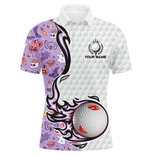 Load image into Gallery viewer, Funny purple Halloween pattern flame golf ball Men golf polo shirts custom Halloween golf shirts NQS8444