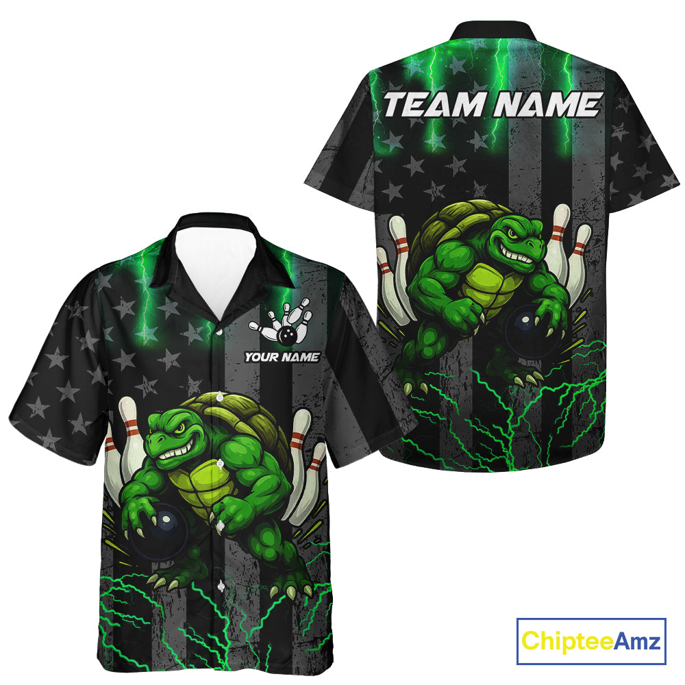 Black American flag Bowling Hawaiian Shirt Custom Green lightning thunder Turtle Bowling Team Jerseys NQS10623