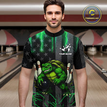 Load image into Gallery viewer, Black American flag Men&#39;s bowling shirts Custom Green lightning thunder Turtle Bowling Team Jerseys NQS10623