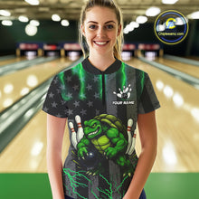 Load image into Gallery viewer, Black American flag Women&#39;s bowling shirts Custom Green lightning thunder Turtle Bowling Team Jerseys NQS10623