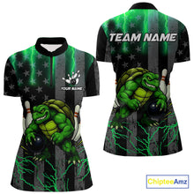 Load image into Gallery viewer, Black American flag Women&#39;s bowling shirts Custom Green lightning thunder Turtle Bowling Team Jerseys NQS10623