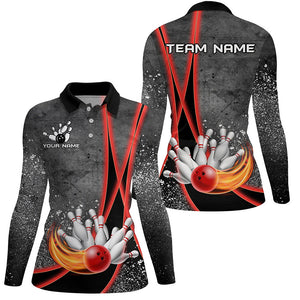 Black grunge Custom Flame Bowling Polo, 1/4 Zip Shirt For Women, Personalized Bowling Team Jersey| Red NQS8898