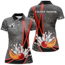 Load image into Gallery viewer, Black grunge Custom Flame Bowling Polo, 1/4 Zip Shirt For Women, Personalized Bowling Team Jersey| Red NQS8898