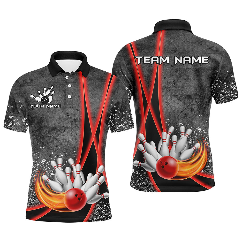 Black grunge Custom Flame Bowling Polo, 1/4 Zip Shirt For Men, Personalized Bowling Team Jerseys | Red NQS8898