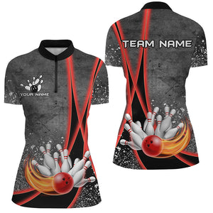 Black grunge Custom Flame Bowling Polo, 1/4 Zip Shirt For Women, Personalized Bowling Team Jersey| Red NQS8898