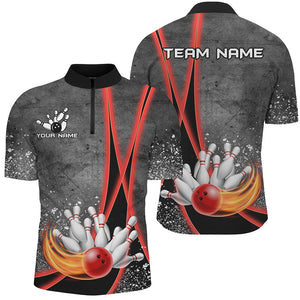 Black grunge Custom Flame Bowling Polo, 1/4 Zip Shirt For Men, Personalized Bowling Team Jerseys | Red NQS8898